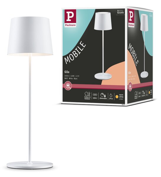 Paulmann 76997 Gilo, bílá lampička na baterii, 2,8W LED 2700K dotykové ovládání, výška 35cm, IP44