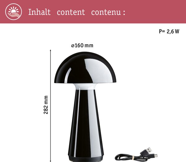 Paulmann 76994 Onzo, černá lampička na baterii, 2,6W LED 2700K dotykové ovládání, výška 28cm, IP44