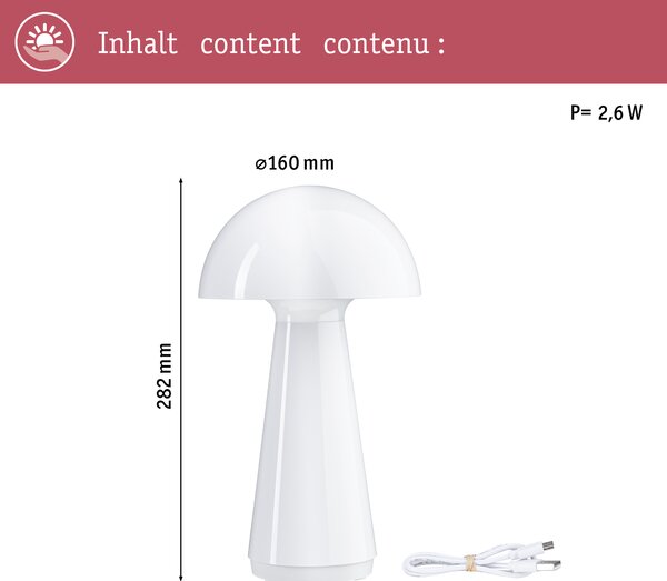 Paulmann 76995 Onzo, bílá lampička na baterii, 2,6W LED 2700K dotykové ovládání, výška 28cm, IP44