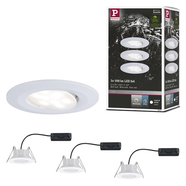 Paulmann 99931 Calla, set kulatých výklopných bodovek v matně bílé úpravě, 3x5,2W LED 4000K, stmívatelné, prům.9cm, IP65