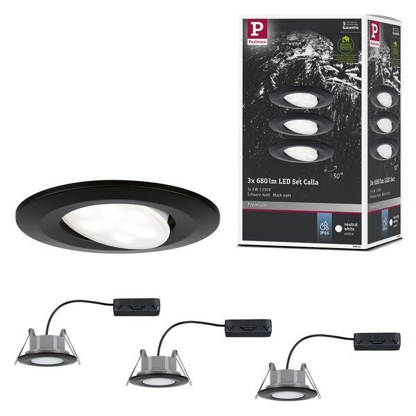 Paulmann 99991 Calla, set kulatých výklopných bodovek v matně černé úpravě, 3x5,2W LED 4000K, stmívatelné, prům.9cm, IP65