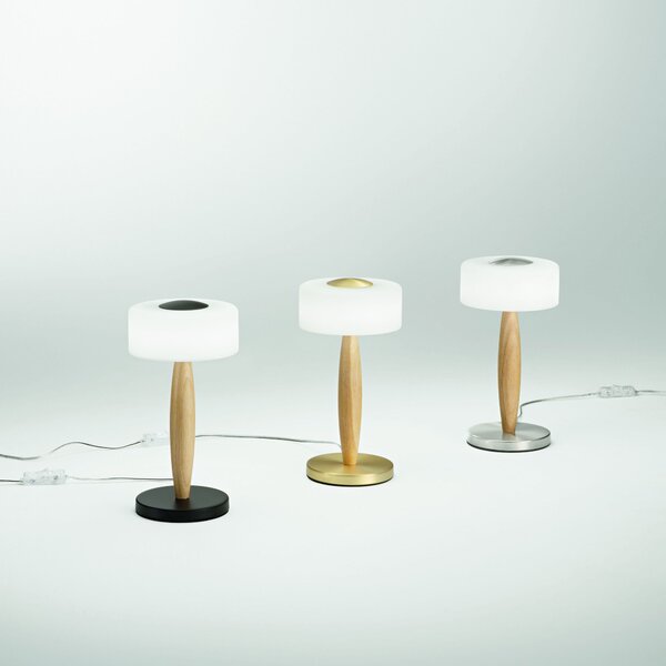 Fabas 3761-30-101 Elea, dotyková stolní lampa černá/dřevo/bílé sklo, 8W LED 3000K, výška 29cm