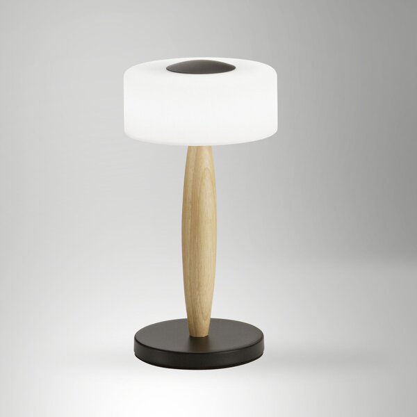 Fabas 3761-30-101 Elea, dotyková stolní lampa černá/dřevo/bílé sklo, 8W LED 3000K, výška 29cm