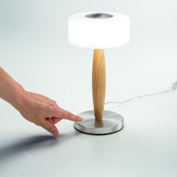 Fabas 3761-30-178 Elea, dotyková stolní lampa nikl/dřevo/bílé sklo, 8W LED 3000K, výška 29cm