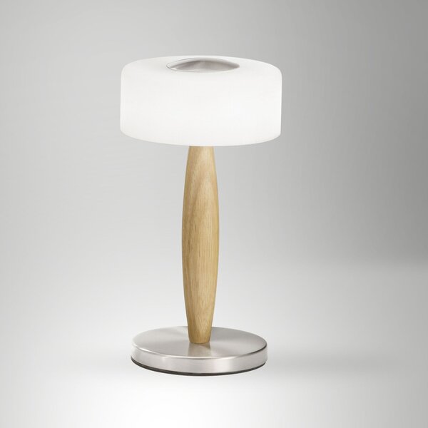 Fabas 3761-30-178 Elea, dotyková stolní lampa nikl/dřevo/bílé sklo, 8W LED 3000K, výška 29cm