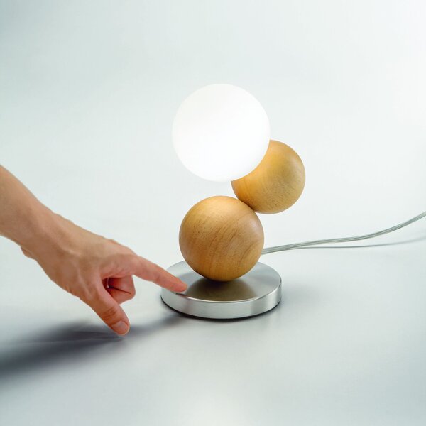 Fabas 3754-30-215 Micky, dotyková stolní lampa nikl/dřevo/bílé sklo, 1x20W G9, výška 23,5cm
