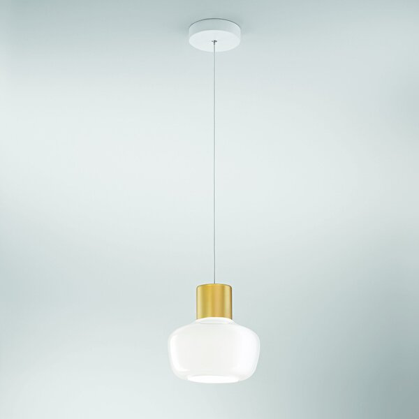 Fabas 3767-40-102 Kino, závěsné svítidlo z bílého skla a zlatého kovu, 1x12W LED 3000K krokové stmívání, prům. 22cm