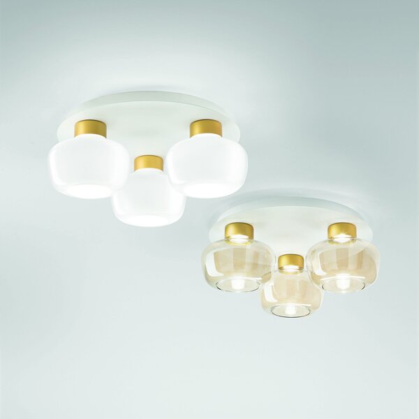 Fabas 3767-65-102 Kino, stropní svítidlo z bílého skla a zlatého kovu, 3x12W LED 3000K krokové stmívání, prům. 50cm