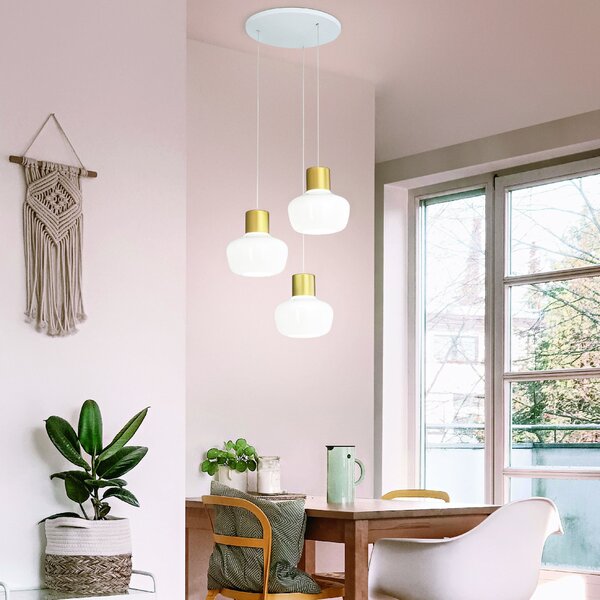 Fabas 3767-47-102 Kino, závěsné svítidlo z bílého skla a zlatého kovu, 3x12W LED 3000K krokové stmívání, prům. 35,1cm