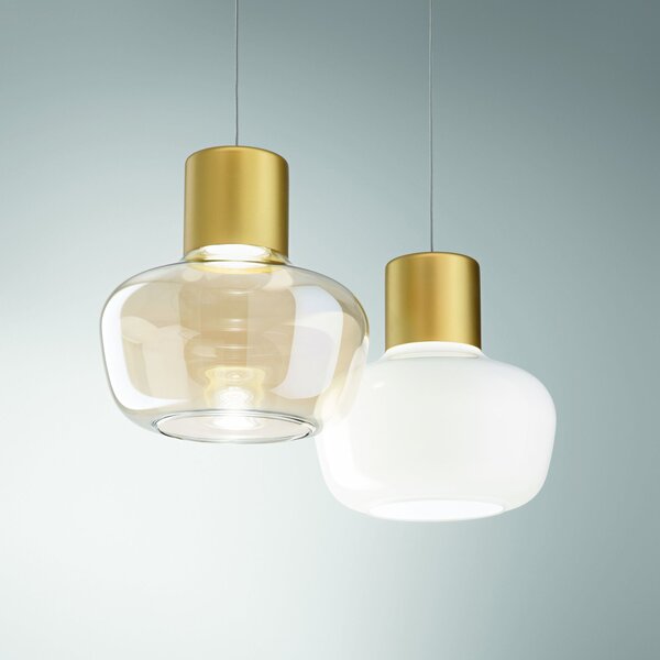 Fabas 3767-40-102 Kino, závěsné svítidlo z bílého skla a zlatého kovu, 1x12W LED 3000K krokové stmívání, prům. 22cm