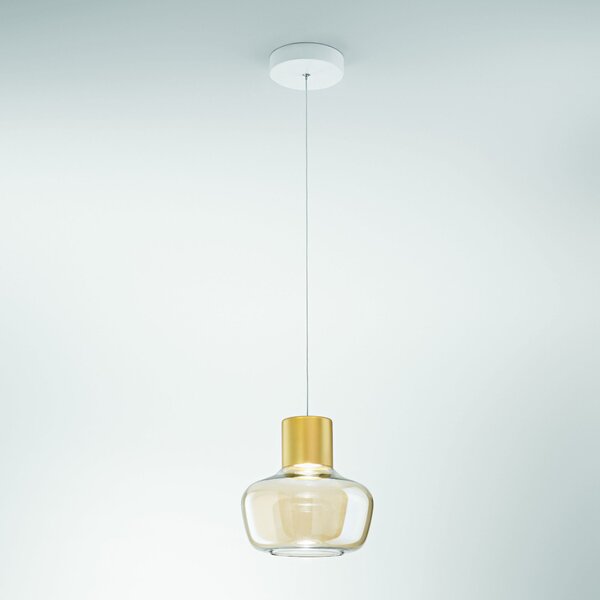 Fabas 3767-40-365 Kino, závěsné svítidlo z čirého skla a zlatého kovu, 1x12W LED 3000K krokové stmívání, prům. 22cm