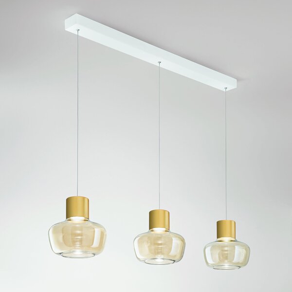 Fabas 3767-48-365 Kino, závěsné svítidlo z čirého skla a zlatého kovu, 3x12W LED 3000K krokové stmívání, délka 92cm
