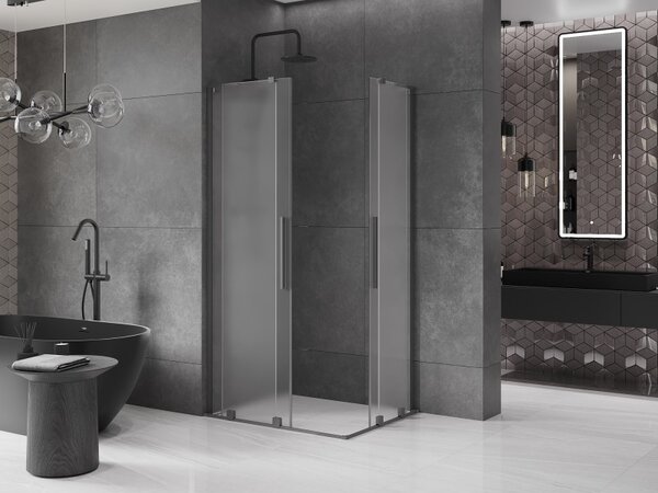 Mexen Velar L Duo, sprchový kout s posuvnými dveřmi 90 x 80 cm, 8mm sklo námraza, broušený grafit, 871-090-080-02-33-95