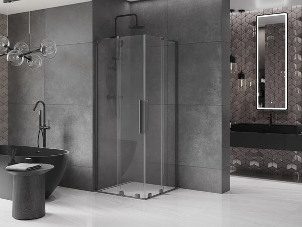 Mexen Velar L Duo, sprchový kout s posuvnými dveřmi 90 x 90 cm, 8mm čiré sklo, broušený grafit, 871-090-090-02-03-95