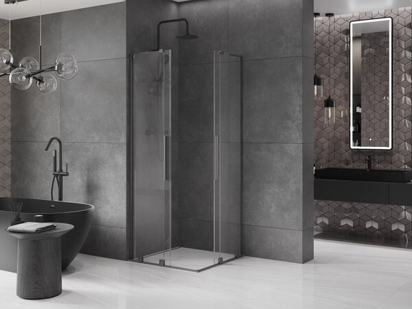 Mexen Velar L Duo, sprchový kout s posuvnými dveřmi 90 x 90 cm, 8mm čiré sklo, broušený grafit, 871-090-090-02-03-95