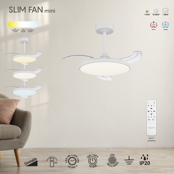 Mantra 9008 Slim Mini, rozvinovací ventilátor se svítidlem a dálk. ovladačem, LED 45W 2700-5000K, bílá, průměr 41/90cm