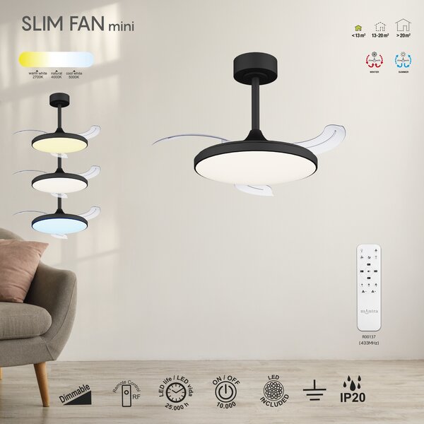 Mantra 9056 Slim Mini, rozvinovací ventilátor se svítidlem a dálk. ovladačem, LED 45W 2700-5000K, černá, průměr 41/90cm