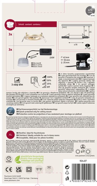 Paulmann 92407 LED Coin Nova round, set kulatých bodovek v matně zlaté úpravě, LED 3x6W 2700K tříkrokové stmívání, prům. 7,8cm