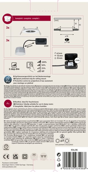 Paulmann 93496 LED Coin Nova round, set kulatých bodovek v matně bílé úpravě, LED 3x6W 2700K tříkrokové stmívání, prům. 7,8cm, IP44