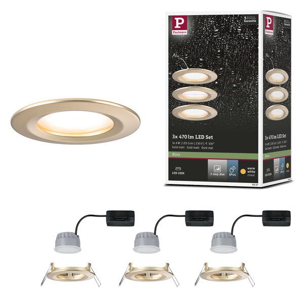 Paulmann 92407 LED Coin Nova round, set kulatých bodovek v matně zlaté úpravě, LED 3x6W 2700K tříkrokové stmívání, prům. 7,8cm