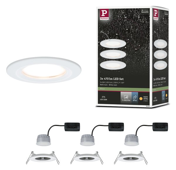 Paulmann 93496 LED Coin Nova round, set kulatých bodovek v matně bílé úpravě, LED 3x6W 2700K tříkrokové stmívání, prům. 7,8cm, IP44