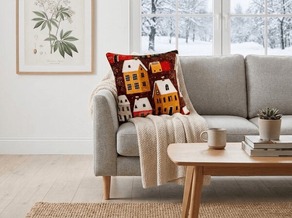 Mikroplyšový povlak na polštářek SNOWY VILLAGE 45x45 cm, barevný