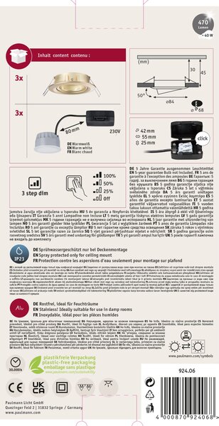 Paulmann 92406 LED Coin Nova round, set kulatých bodovek v matně zlaté úpravě, 3x6W LED 2700K tříkrokové stmívání, prům.8,4cm
