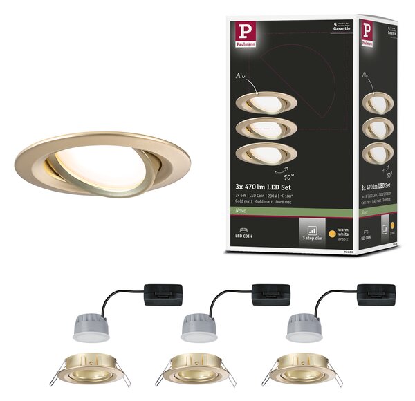 Paulmann 92406 LED Coin Nova round, set kulatých bodovek v matně zlaté úpravě, 3x6W LED 2700K tříkrokové stmívání, prům.8,4cm