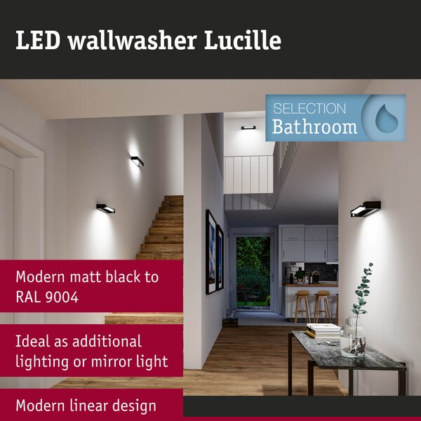 Paulmann 71204 Lucille, černé nástěnné svítidlo s nastavitelným směrem svícení, 11W LED 2700K tříkrokové stmívání, 40cm, IP44