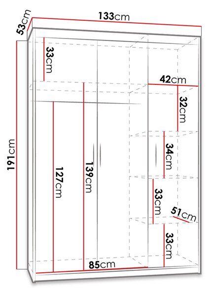 Zrcadlová šatní skříň 133 cm ARCATA - dub lefkas