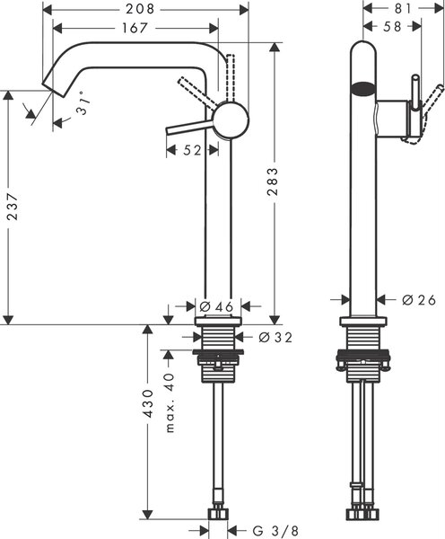 Hansgrohe Tecturis S umyvadlová baterie stojící || 73370140