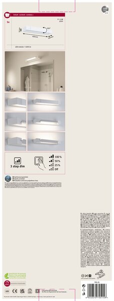 Paulmann 79515 Lucille, bílé nástěnné svítidlo s nastavitelným směrem svícení, 11W LED 2700K tříkrokové stmívání, 40cm, IP44