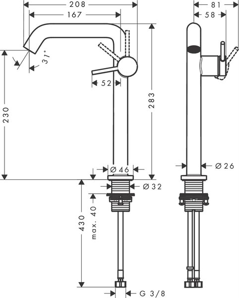 Hansgrohe Tecturis S umyvadlová baterie stojící chrom 73372000