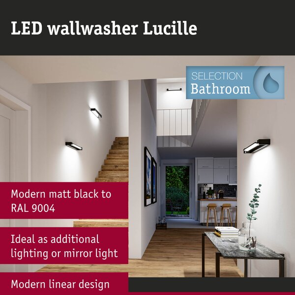 Paulmann 71205 Lucille, černé nástěnné svítidlo s nastavitelným směrem svícení, 17W LED 2700K tříkrokové stmívání, 60cm, IP44