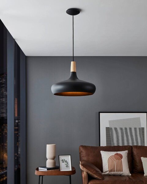 Závěsné svítidlo SABINAR černý kov/světle dřevo, průměr 40 cm