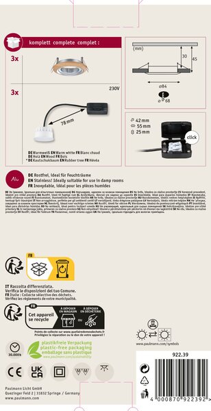 Paulmann 92239 Lanati Coin, set dřevěných bodovek s hliníkem, 3x6W LED 2700K, prům. 8,4cm