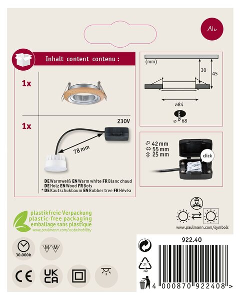 Paulmann 92240 Lanati Coin, dřevěná bodovka s hliníkem, 1x6W LED 2700K, prům. 8,4cm
