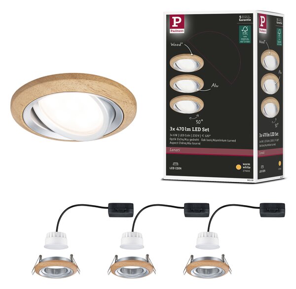 Paulmann 92239 Lanati Coin, set dřevěných bodovek s hliníkem, 3x6W LED 2700K, prům. 8,4cm