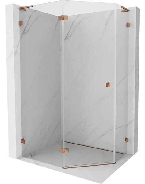 Mexen Lunar, L pětiúhelníkový sprchový kout naklápěcí doleva 90 x 80 cm, 8mm čiré sklo, profil růžové zlato, 831L-090L-080P-60-00-L