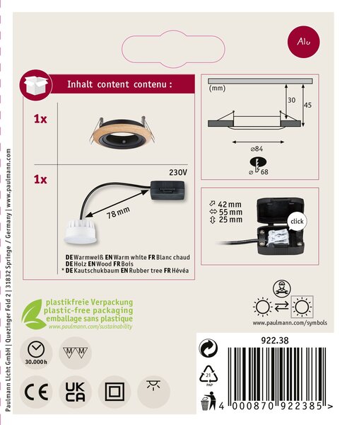 Paulmann 92238 Lanati Coin, dřevěná bodovka s černou, 1x6W LED 2700K, prům. 8,4cm