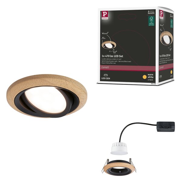 Paulmann 92238 Lanati Coin, dřevěná bodovka s černou, 1x6W LED 2700K, prům. 8,4cm