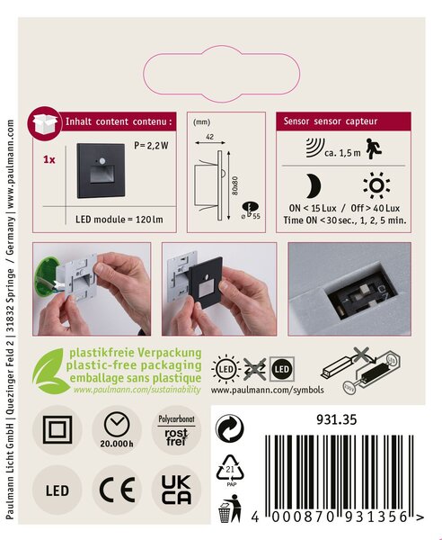 Paulmann 93135 Edge Quadro, svítidlo do stěny se senzorem, 1x1,2W LED 2700K, matná černá, 8x8cm