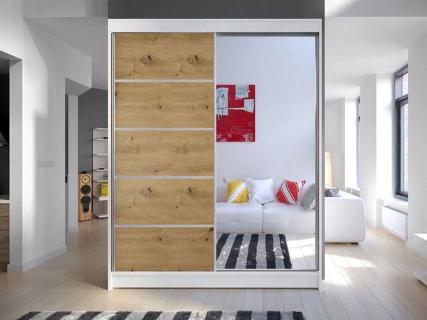 Šatní skříň se zrcadlem 150 cm PIRITU 3 - dub artisan / bílá