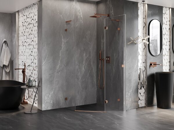 Mexen Lunar, L pravý výklopný pětiúhelníkový sprchový kout 80 x 80 cm, 8mm čiré sklo, profil růžové zlato, 831L-080P-080L-60-00-P