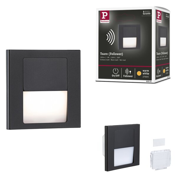 Paulmann 80001 Tsaro follower, svítidlo do stěny, 1W LED 2700K, matná černá, 8x8cm