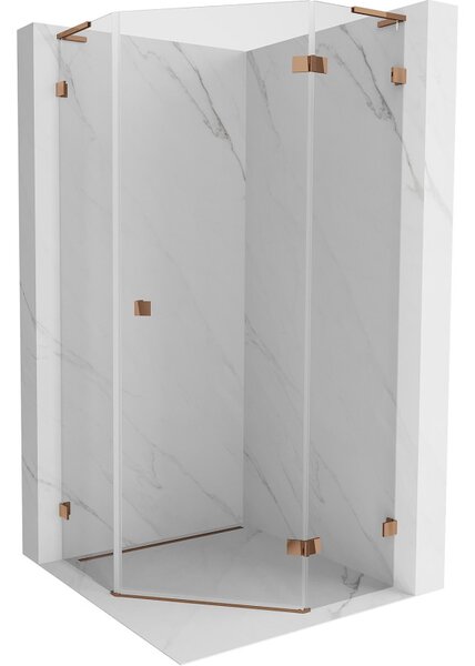 Mexen Lunar, L pravý výklopný pětiúhelníkový sprchový kout 80 x 80 cm, 8mm čiré sklo, profil růžové zlato, 831L-080P-080L-60-00-P