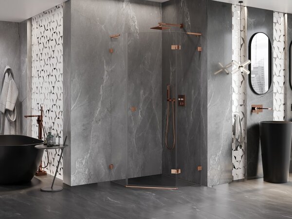 Mexen Lunar, L pravý výklopný pětiúhelníkový sprchový kout 80 x 80 cm, 8mm čiré sklo, profil růžové zlato, 831L-080P-080L-60-00-P