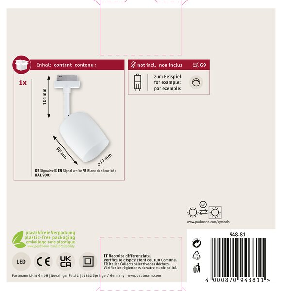 Paulmann 94881 Blossom, spot pro Urail system, 1xG9 max. 10W, signální bílá/satinované sklo