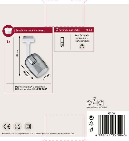 Paulmann 95700 Blossom spot pro Urail system, 1x10W G9, signální bílá + kouřové sklo