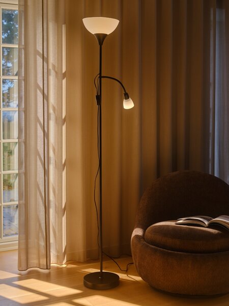 Nordlux 2512554003 Lauria, černá stojací lampa se čtecí lampičkou 1xE27 a 1xE14, výška 178cm
